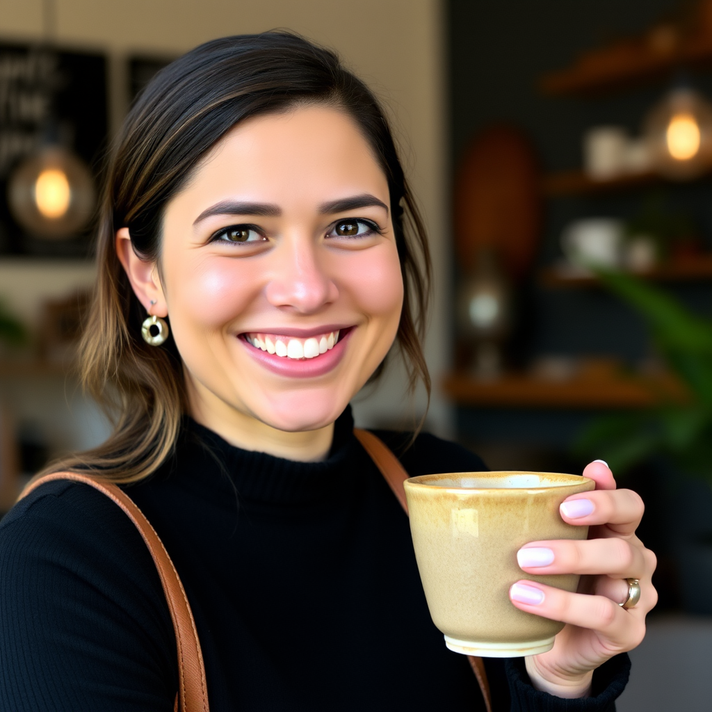 Portrait of Sarah Martinez, lead coffee writer and cafe culture expert at Syndicainr, smiling warmly while holding a ceramic coffee cup in a cozy cafe setting