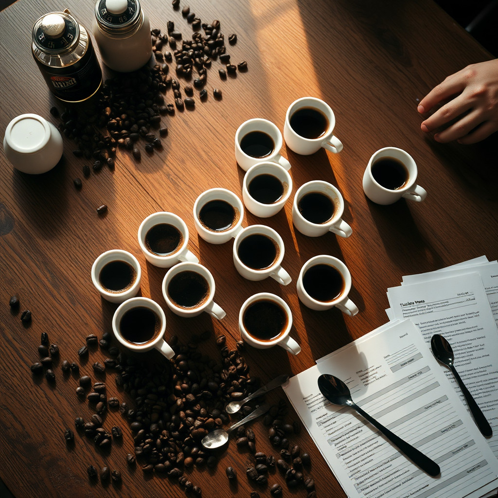 Professional coffee cupping setup with multiple cups arranged on wooden table, coffee beans scattered around, cupping spoons, and tasting notes sheets in warm lighting