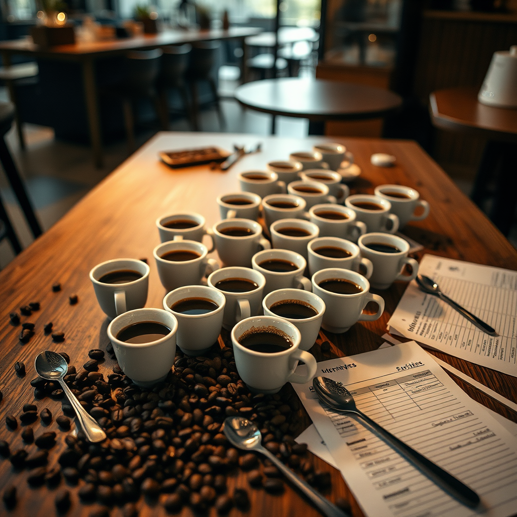 Professional coffee cupping setup with multiple cups arranged on wooden table, coffee beans scattered around, cupping spoons, and tasting notes sheets in warm cafe lighting