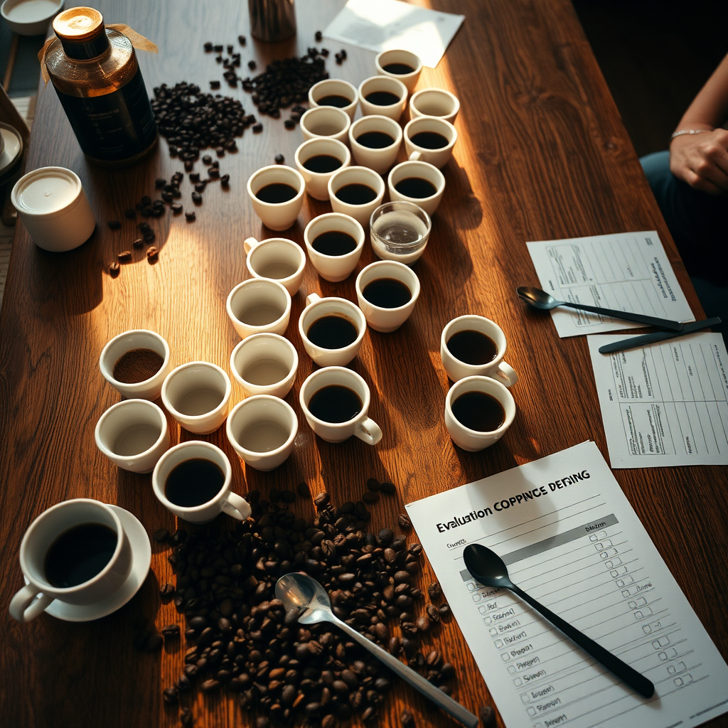 Professional coffee cupping setup with multiple cups arranged in rows, coffee beans scattered around, cupping spoons, and evaluation forms on a wooden table in warm lighting