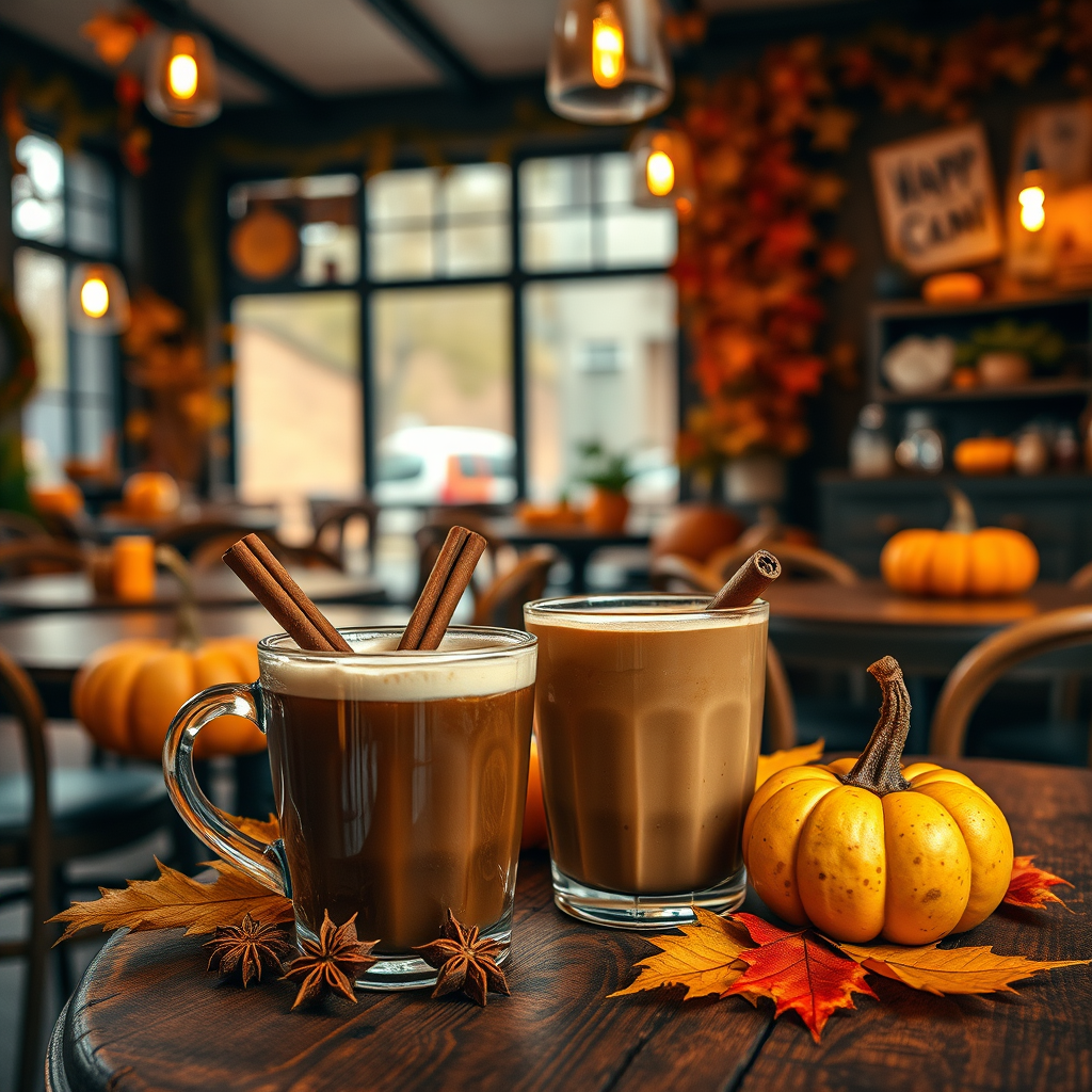Cozy autumn cafe interior with warm lighting, featuring seasonal coffee drinks garnished with cinnamon sticks and star anise, surrounded by fall leaves and pumpkins on rustic wooden tables