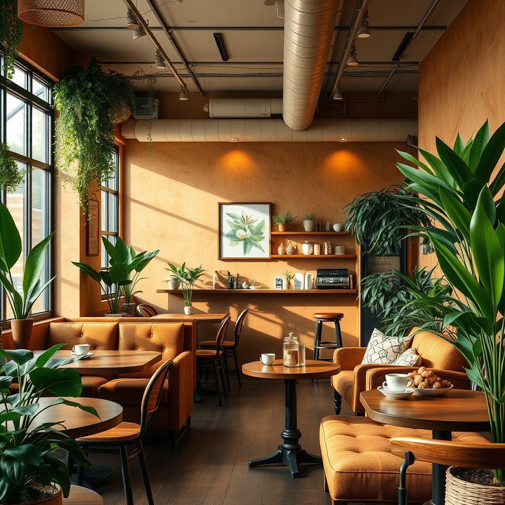 Warm and inviting cafe interior with earth-toned furniture, soft lighting, comfortable seating arrangements, and plants creating a perfect atmosphere for customers to relax and enjoy their coffee