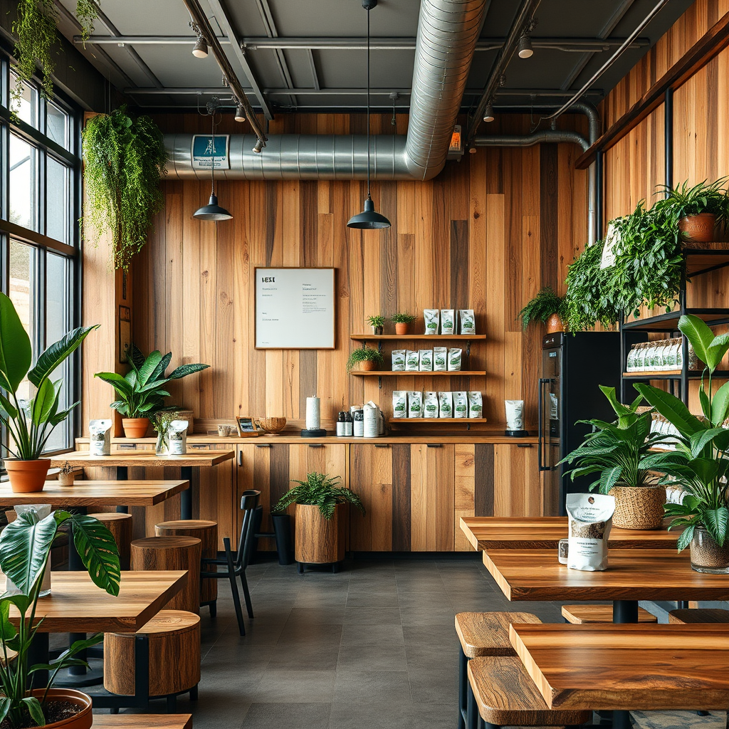 Modern eco-friendly coffee shop interior with reclaimed wood furniture, plants, and sustainable packaging displays