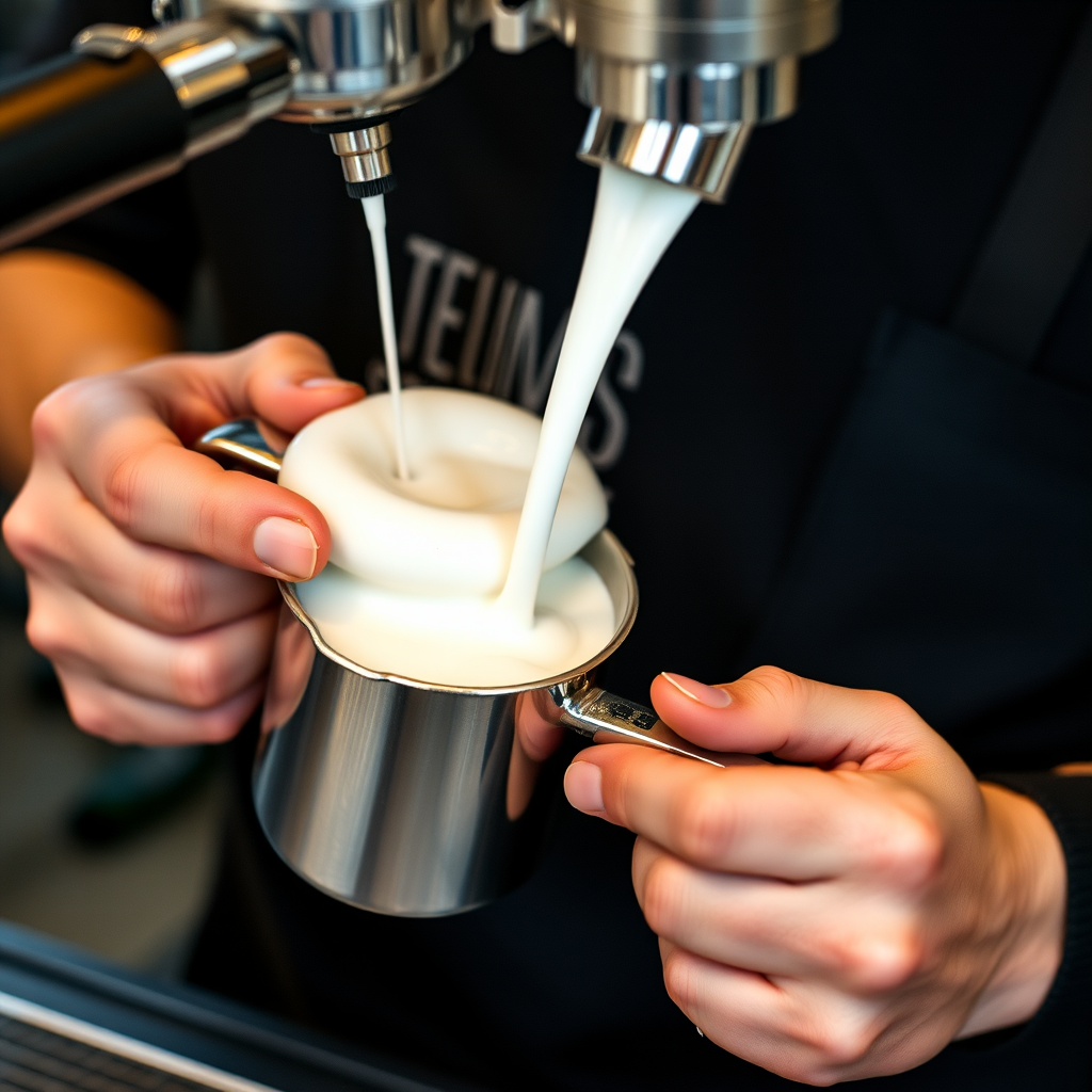 Professional barista demonstrating proper milk steaming technique with espresso machine steam wand, creating silky microfoam in a stainless steel pitcher with perfect texture and temperature control