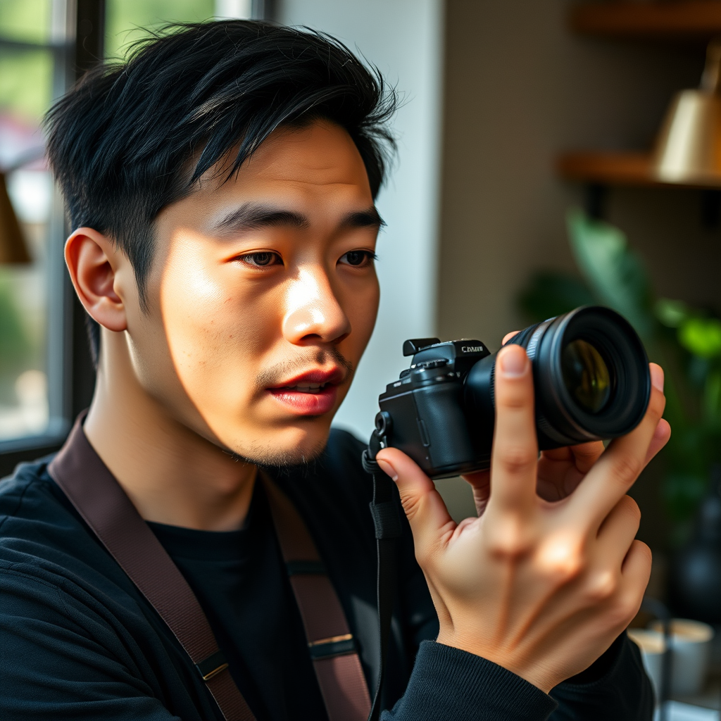 Portrait of Marcus Chen, coffee photographer and community manager at Syndicainr, capturing the perfect shot of latte art in natural lighting