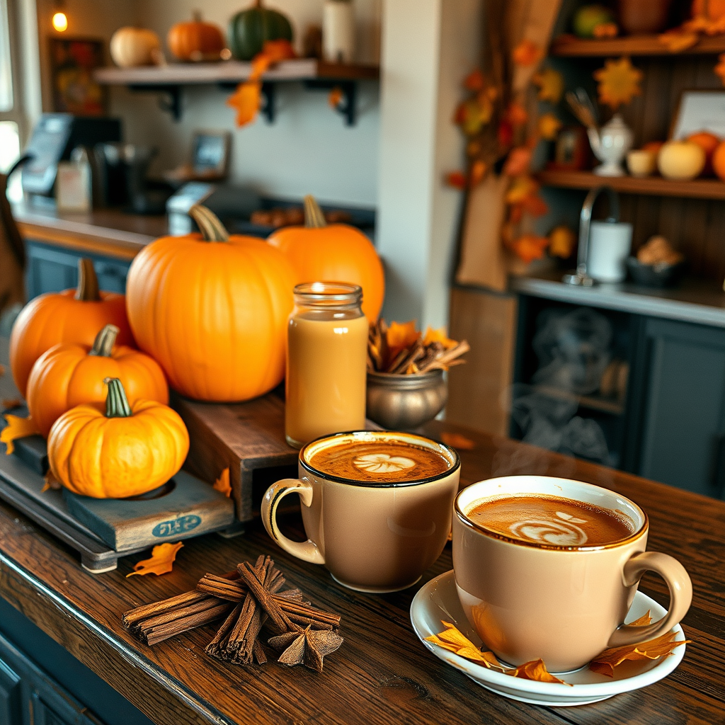 Cozy autumn cafe scene with seasonal drinks featuring pumpkin and apple flavors, warm spices displayed on rustic wooden counter, fall leaves decoration, and steaming beverages in ceramic mugs