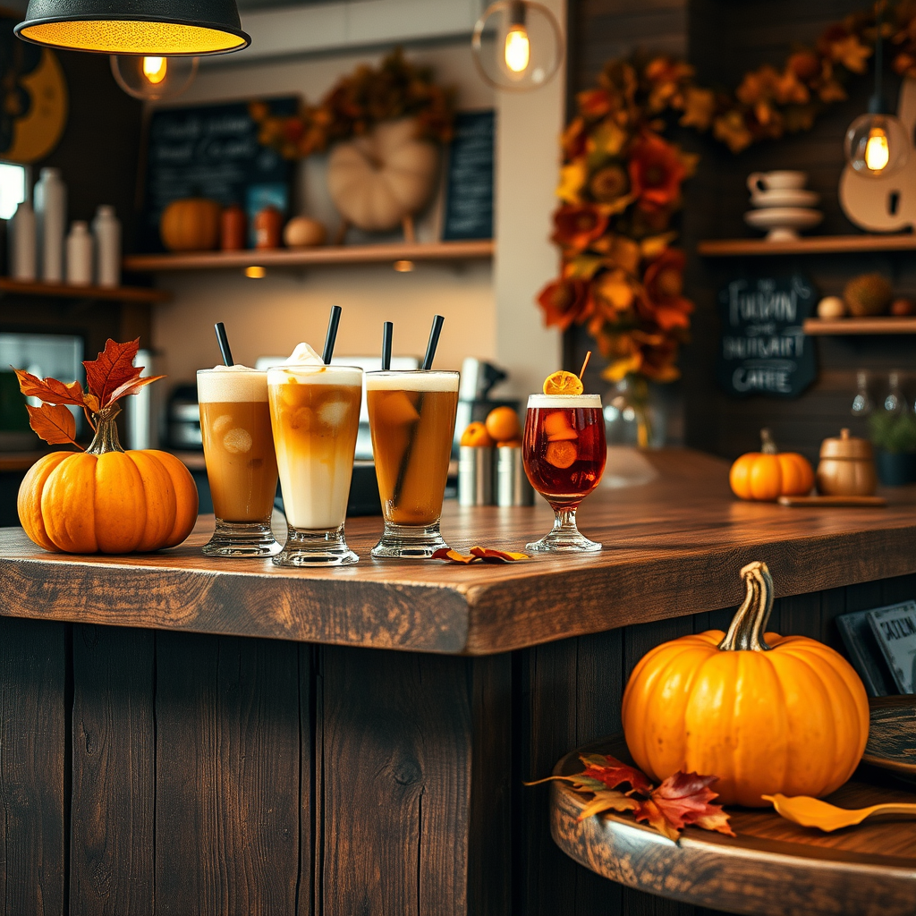 Cozy autumn cafe scene with seasonal drinks displayed on rustic wooden counter, pumpkins and fall leaves as decoration, warm lighting creating inviting atmosphere