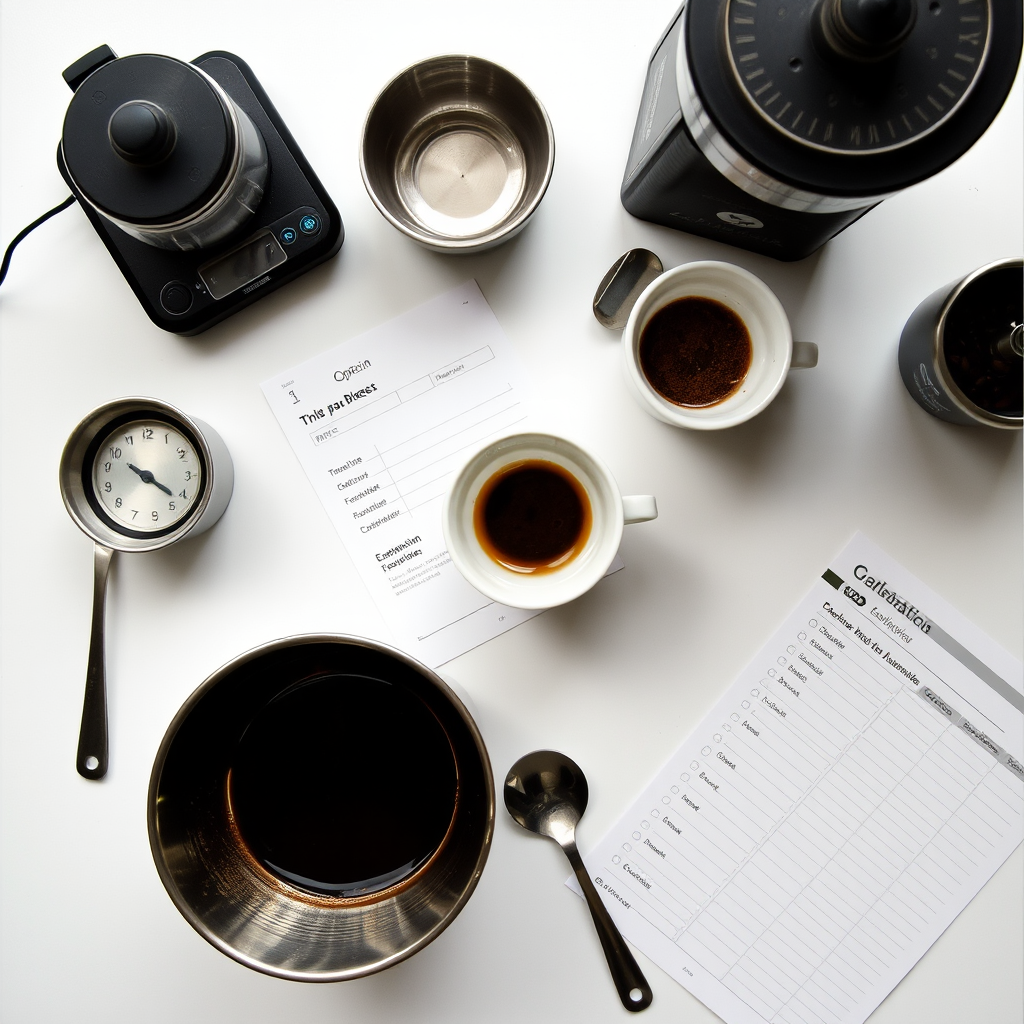 Essential coffee cupping equipment laid out including cupping bowls, silver spoons, grinder, scale, timer, and evaluation sheets on a clean white surface