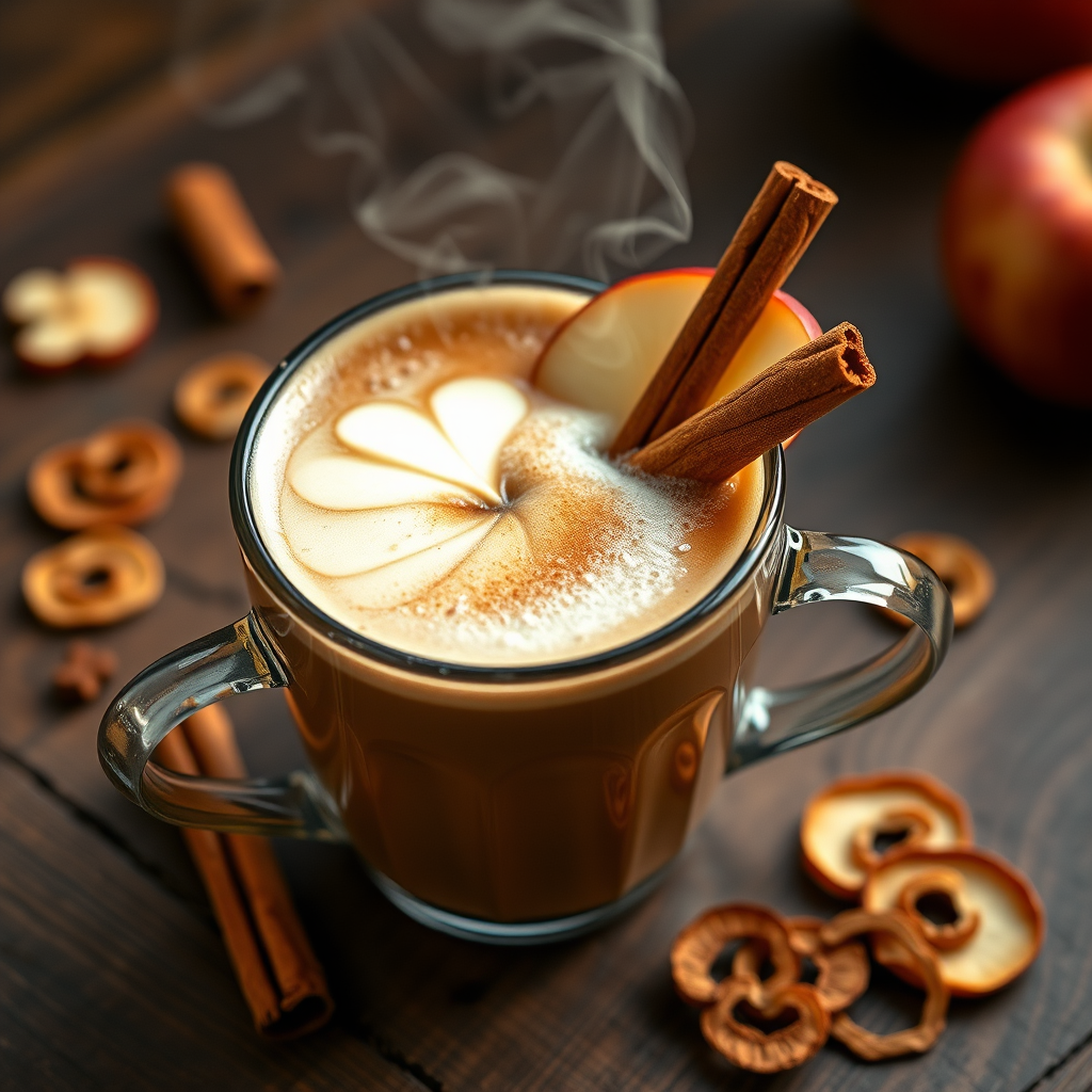 Steaming mug of apple cinnamon latte with foam art, garnished with a cinnamon stick and thin apple slice, sitting on a wooden table with scattered cinnamon sticks and dried apple rings