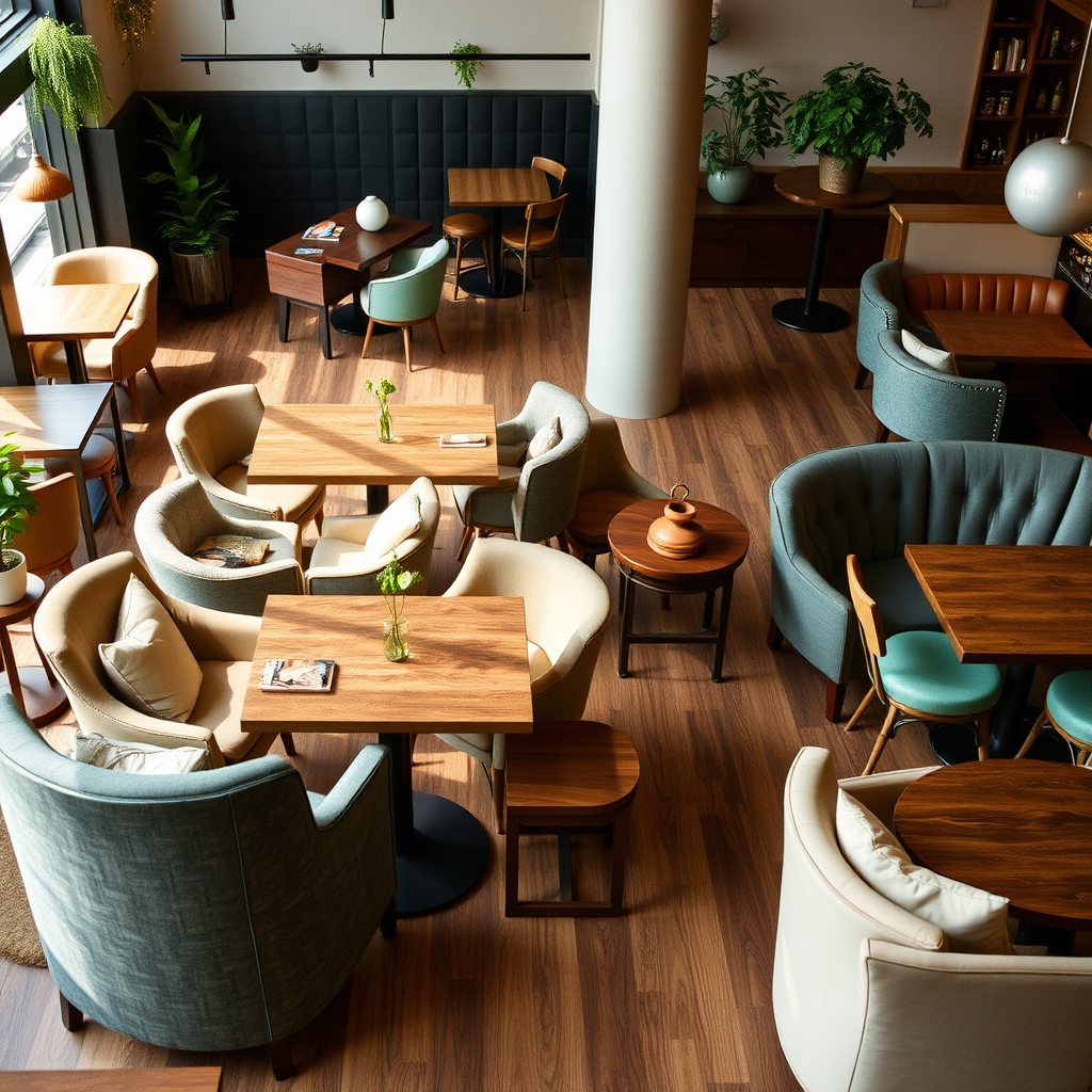 Variety of seating options in a cafe including comfortable armchairs, communal tables, bar stools, and cozy corner nooks with different furniture styles to accommodate various customer preferences