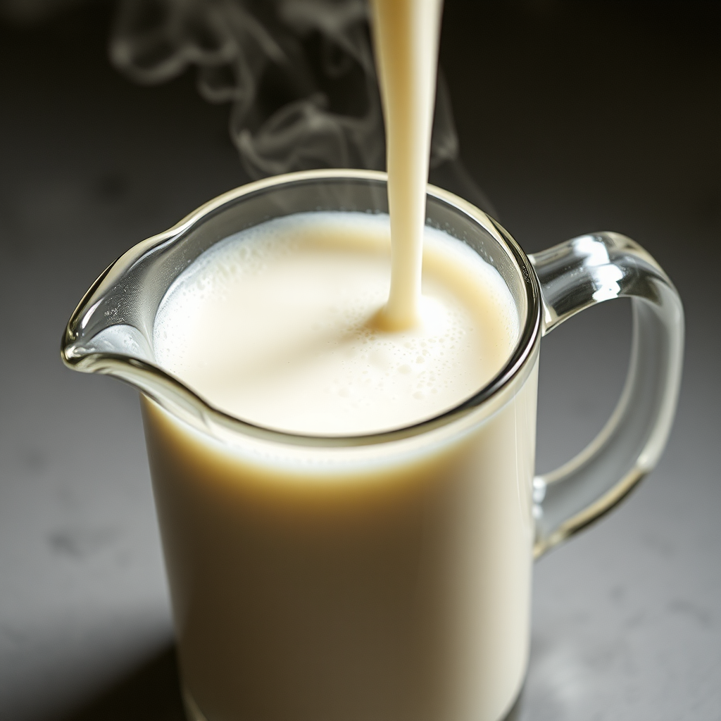 Overheated milk in pitcher showing large bubbles, poor texture, and signs of protein scalding with steam rising from the surface