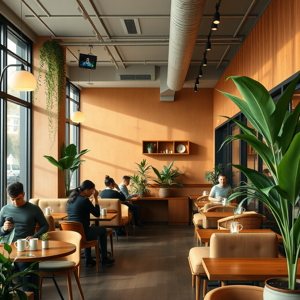 Modern cafe interior with warm earth tone color scheme, comfortable seating arrangements, soft ambient lighting, plants, and customers enjoying coffee in welcoming atmosphere