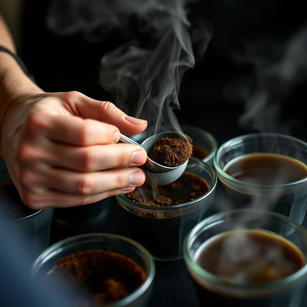Close-up of hands performing coffee cupping, breaking the crust with a spoon, steam rising from multiple cupping bowls filled with coffee grounds and hot water