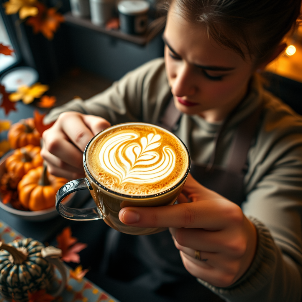Barista carefully crafting a seasonal latte with artistic foam design, surrounded by autumn decorations including mini pumpkins, colorful leaves, and warm ambient lighting in a cozy cafe setting