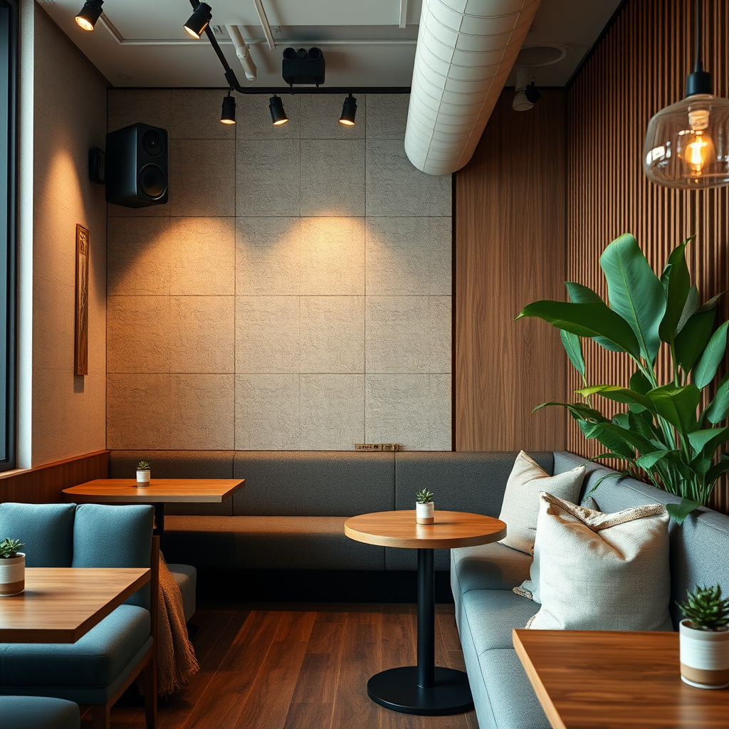 Modern cafe sound system with speakers discretely placed throughout the space, acoustic panels on walls, and soft furnishings that help create optimal acoustics for comfortable conversation