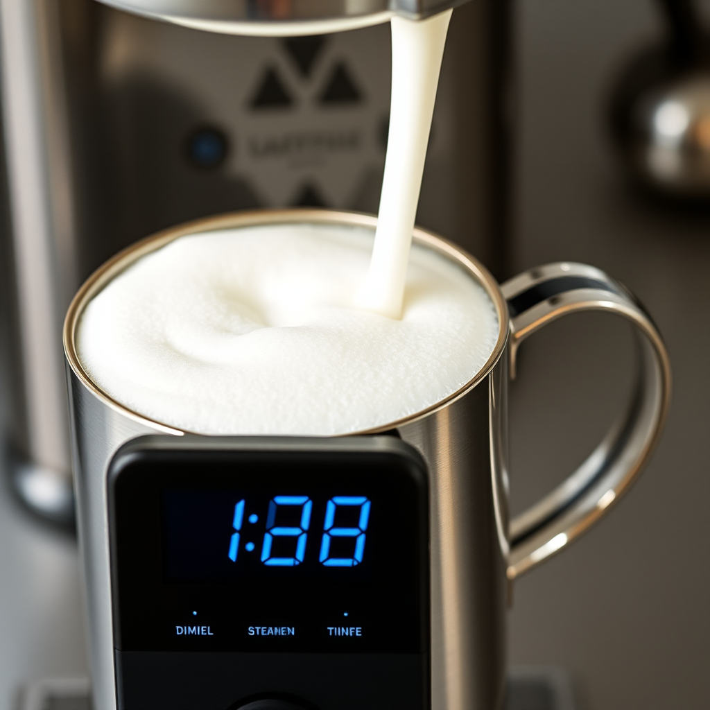 Digital timer displaying optimal milk steaming duration with perfectly textured microfoam in stainless steel pitcher in the background