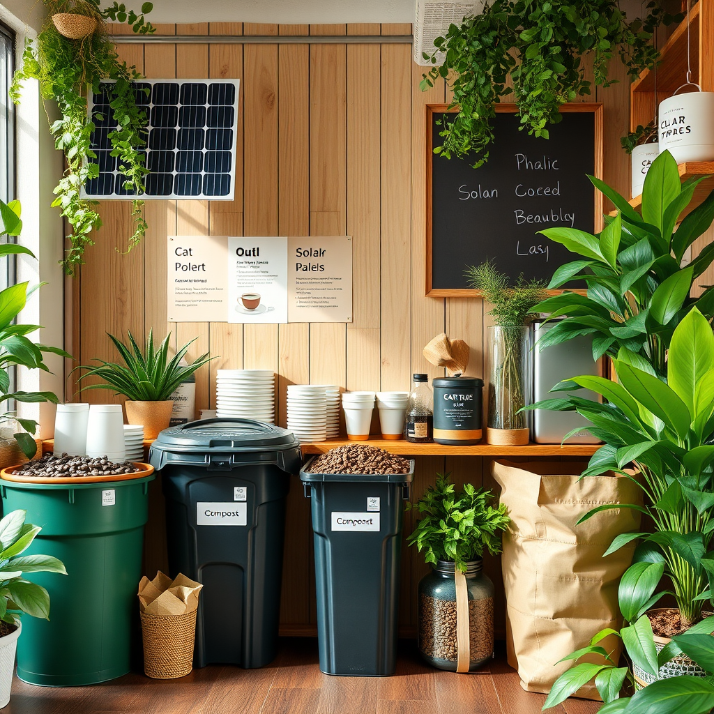Eco-friendly cafe setup showing reusable cups, compost bins, solar panels, fair trade coffee beans, and green plants emphasizing sustainable coffee shop practices