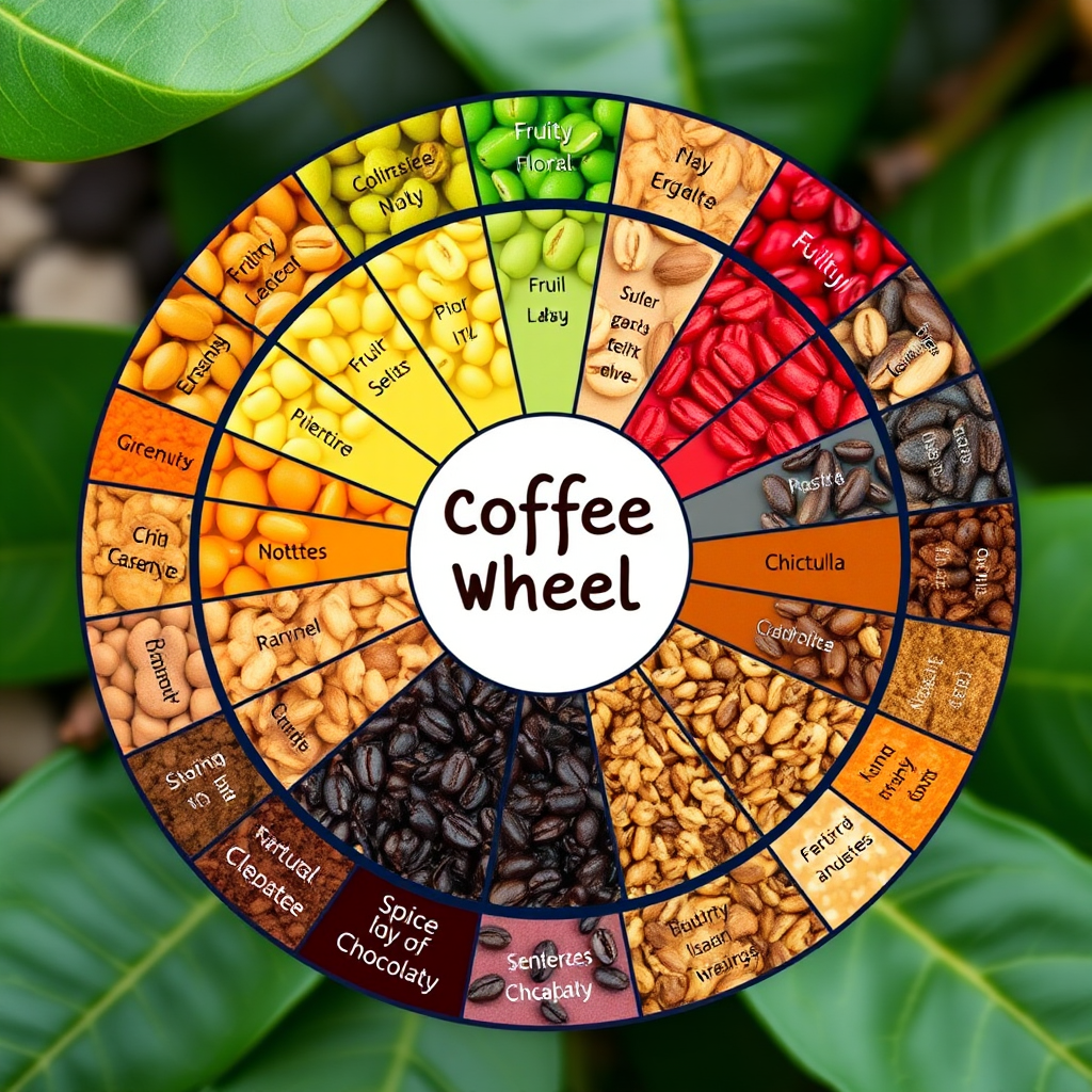 Colorful coffee flavor wheel diagram showing various flavor categories including fruity, floral, nutty, chocolatey, and spicy notes arranged in a circular pattern