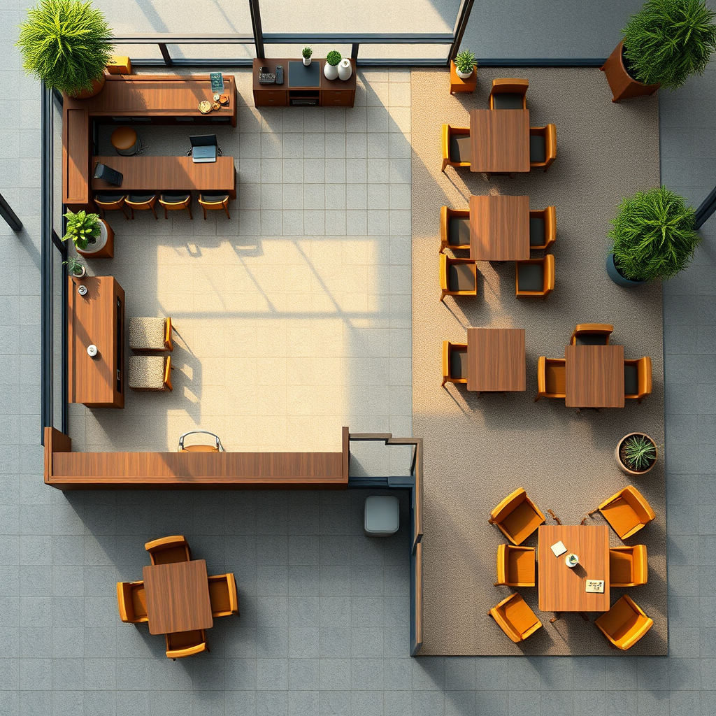 Top-down view of a well-designed cafe layout showing distinct zones including ordering area, quick seating near counter, comfortable lounge area with armchairs, work-friendly tables with power outlets, and natural traffic flow patterns