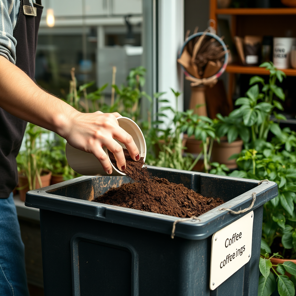 Coffee shop employee adding used coffee grounds to a composting bin with plants in background
