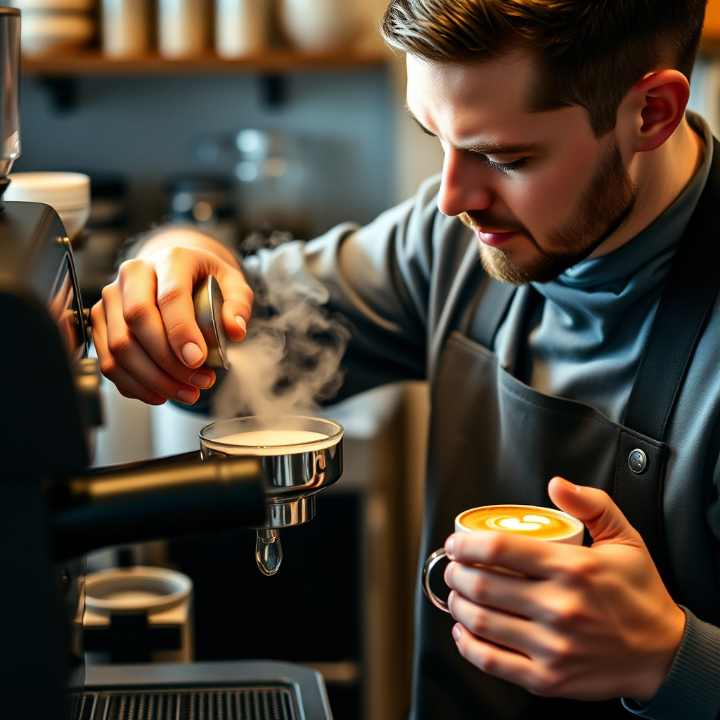 Professional barista demonstrating milk steaming technique with espresso machine, showing perfect microfoam texture and steam wand positioning in cafe setting