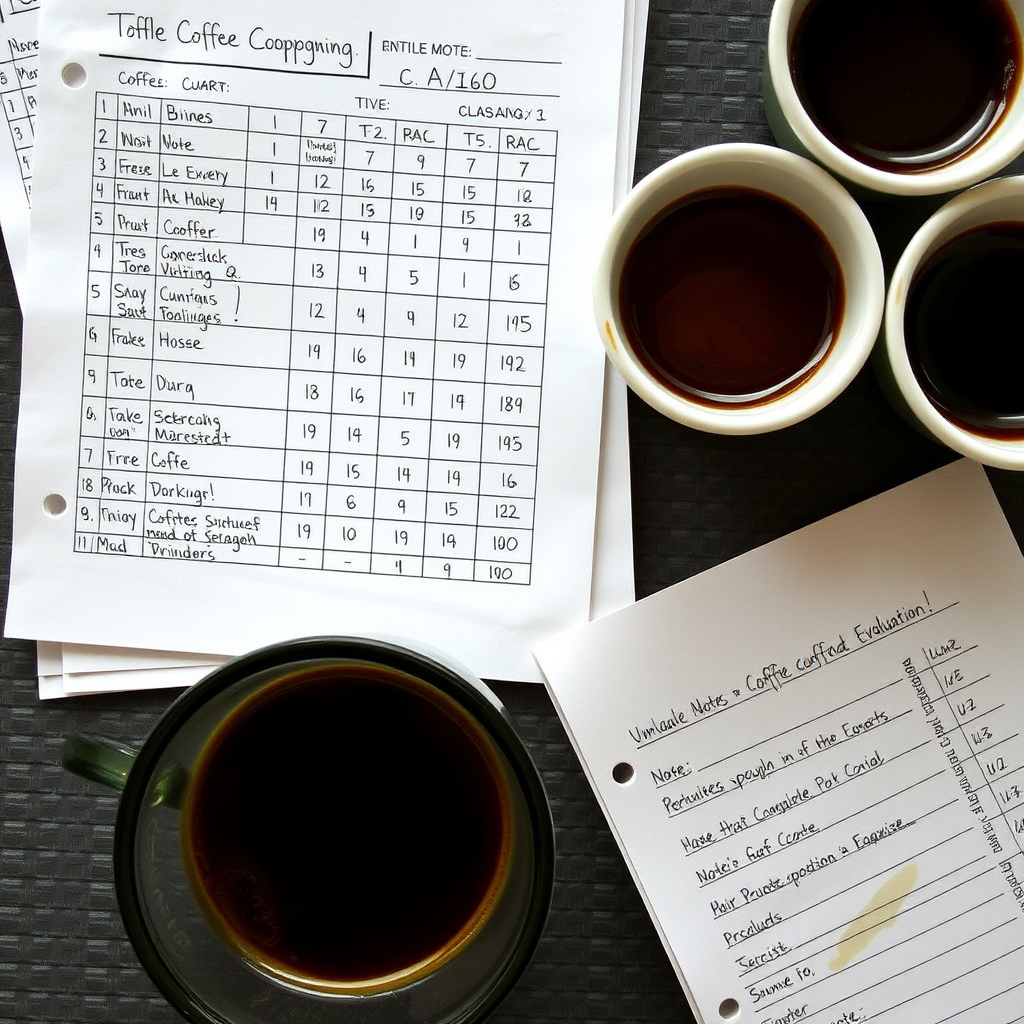 Hand-written coffee cupping evaluation sheets with scores and tasting notes, alongside multiple coffee samples in cupping bowls, showing the documentation process