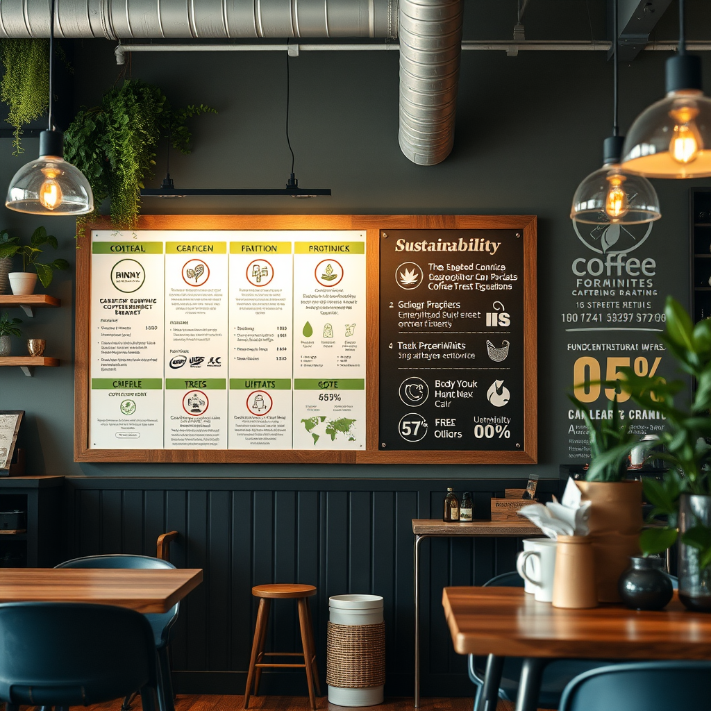 Coffee shop interior with sustainability information board showing certifications, local partnerships, and environmental impact metrics